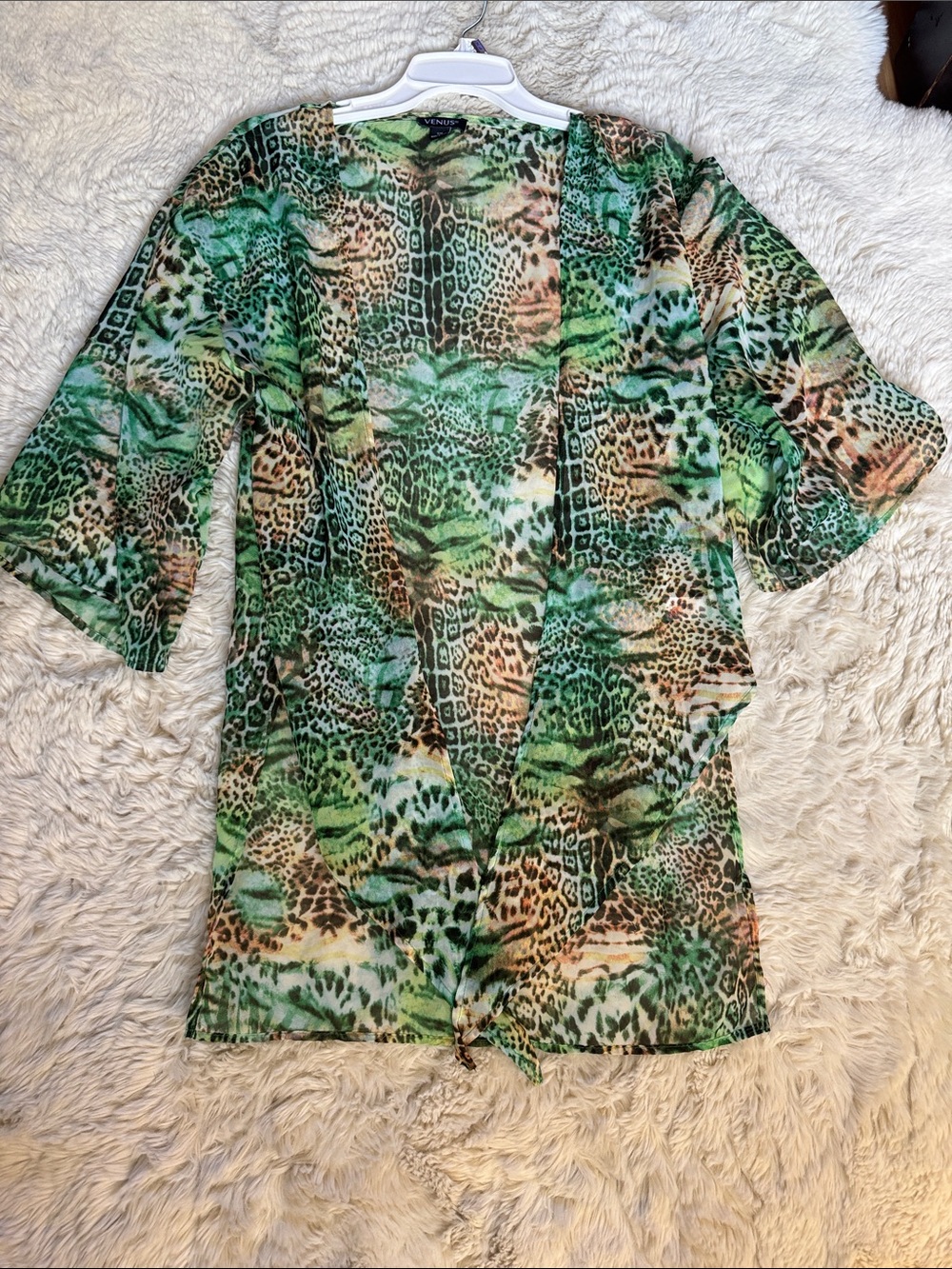 VENUS Green and Tan Animal-Print Kimono